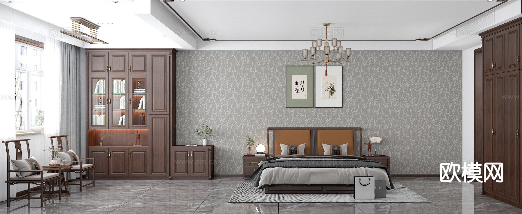 新中式卧室 主卧su模型下载（渲染图3）