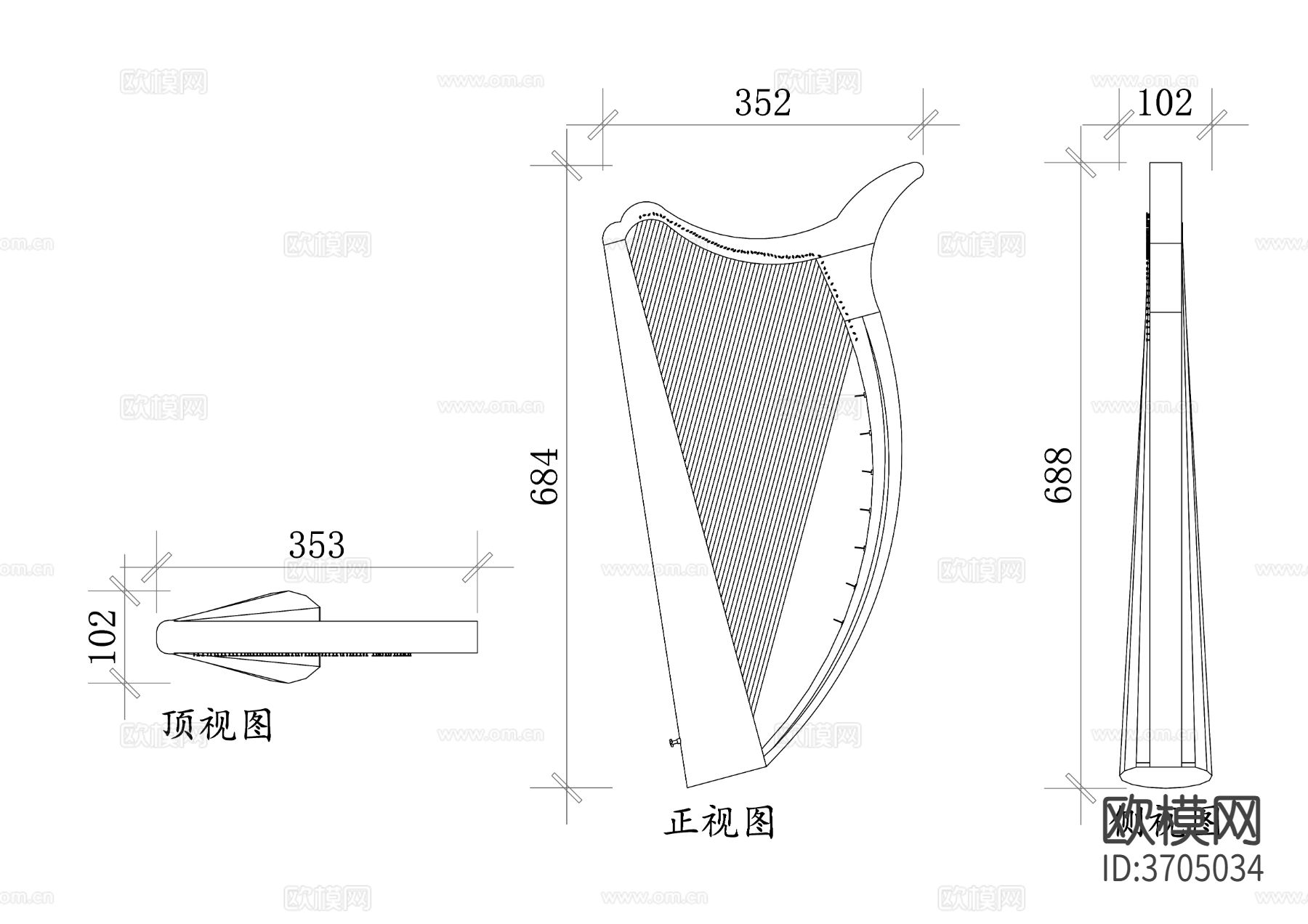 竖琴设计 竖琴结构cad大样图