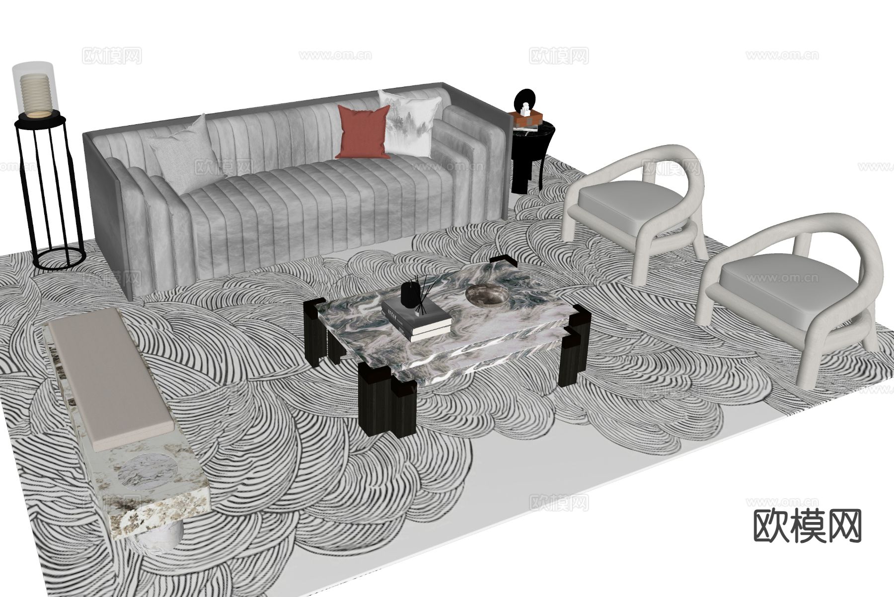 中古风组合沙发su模型下载（渲染图1）