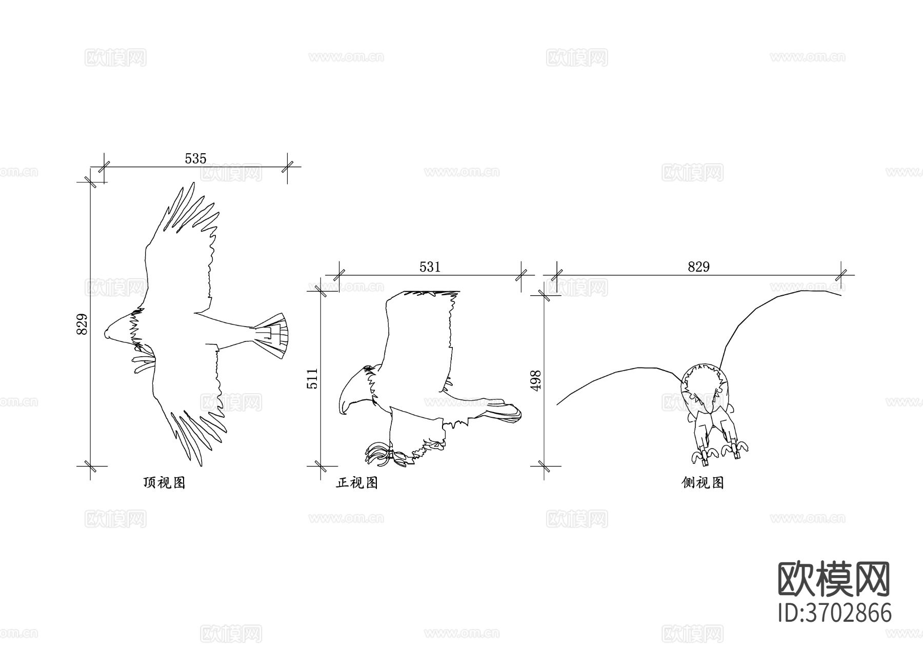 猛禽动物鹰CAD三视图