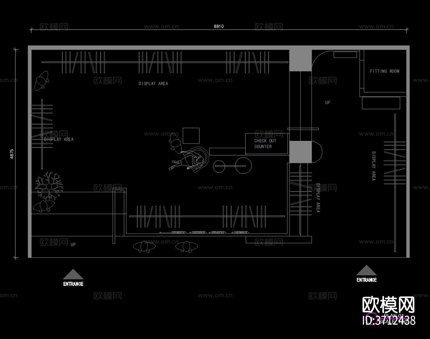 商场服装店档口展厅cad平面布置图下载（渲染图2）