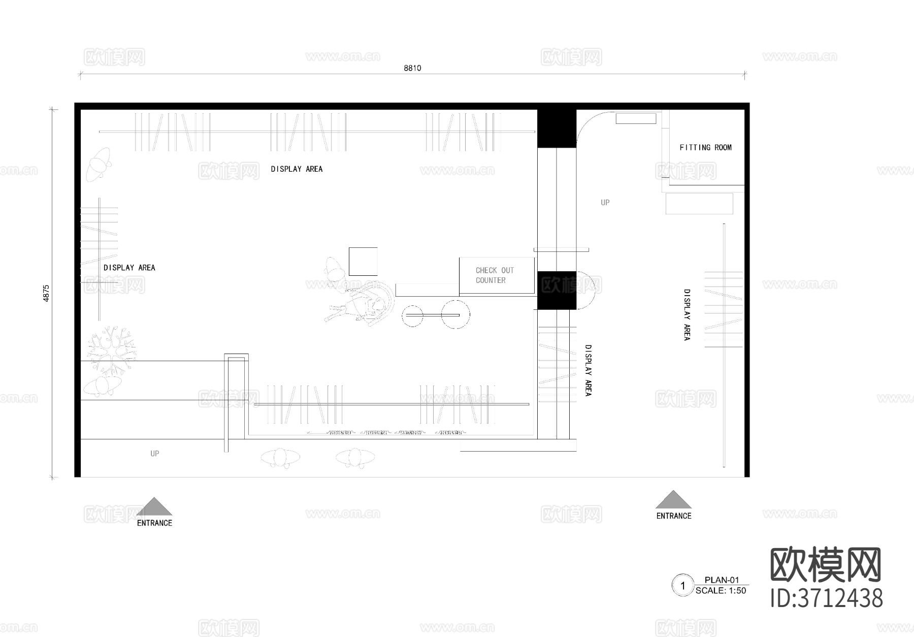 商场服装店档口展厅cad平面布置图下载（渲染图3）