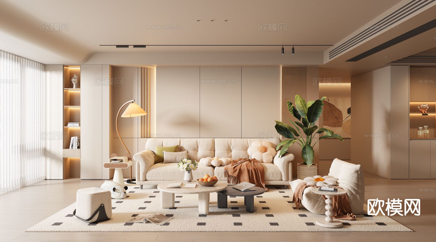 奶油风客厅3d模型下载