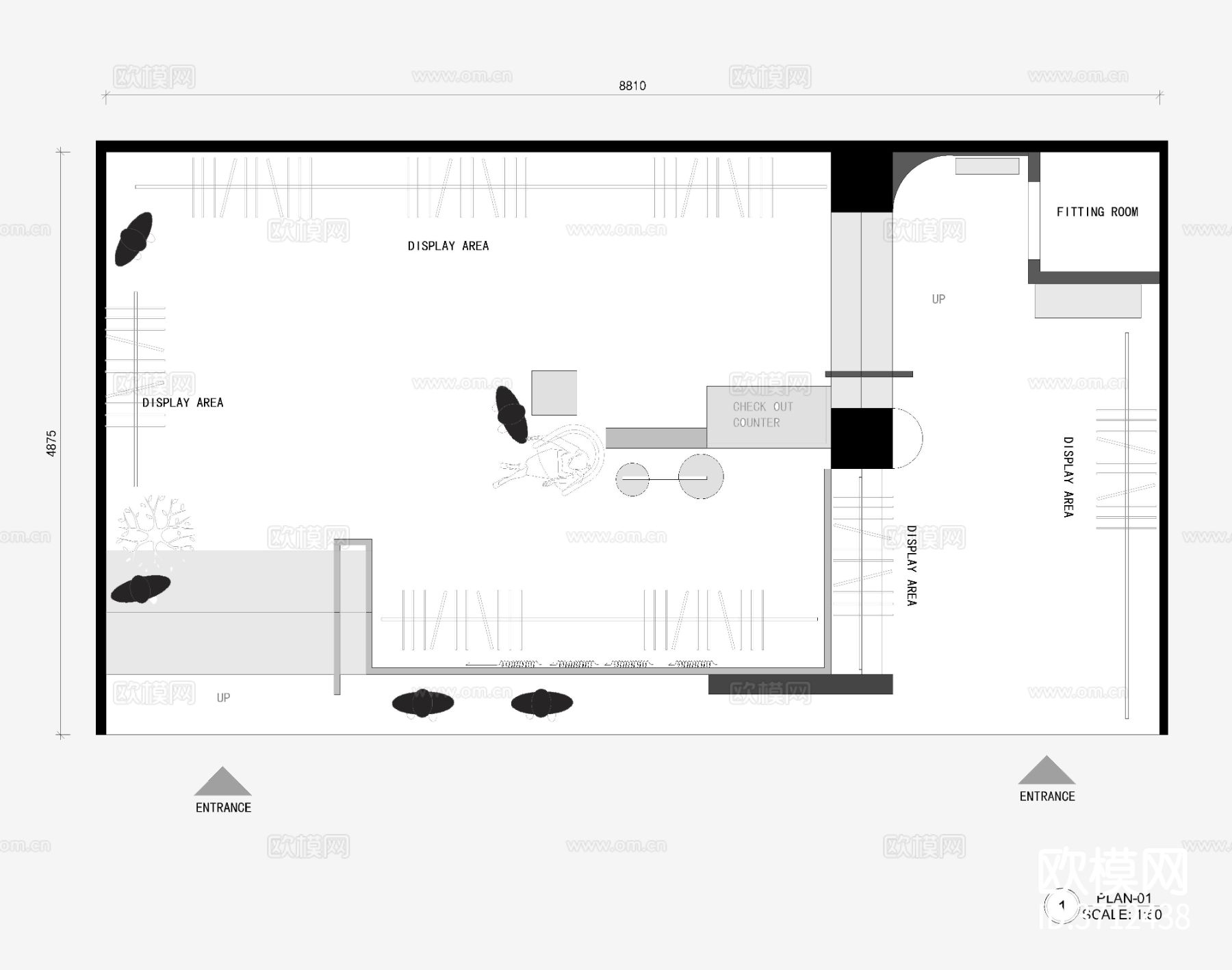 商场服装店档口展厅cad平面布置图下载（渲染图1）