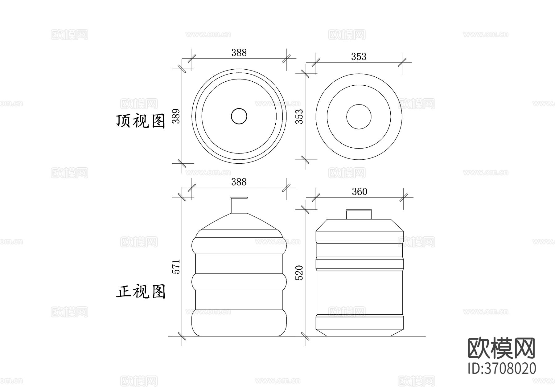 桶装水水桶CAD三视图