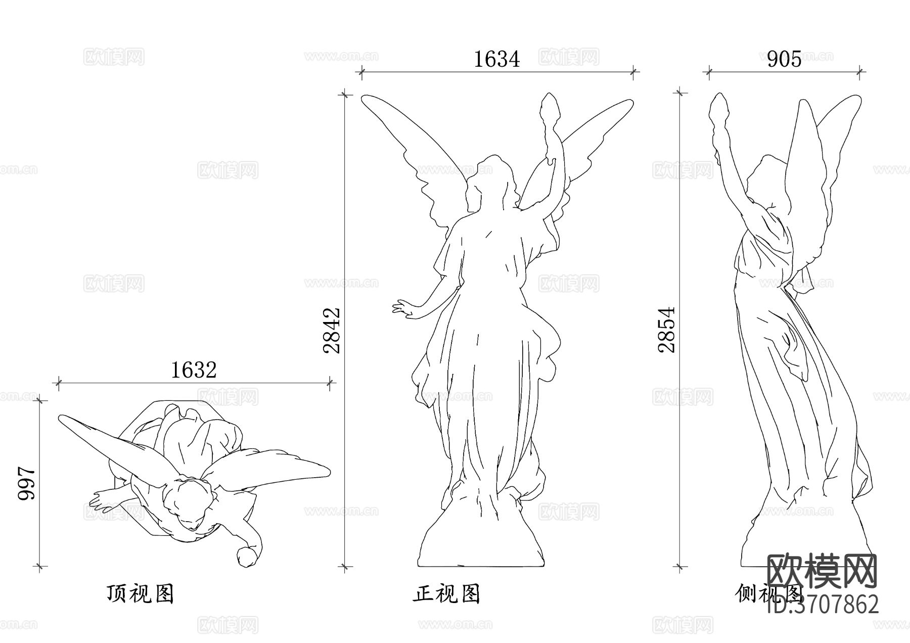 天使雕像设计CAD三视图