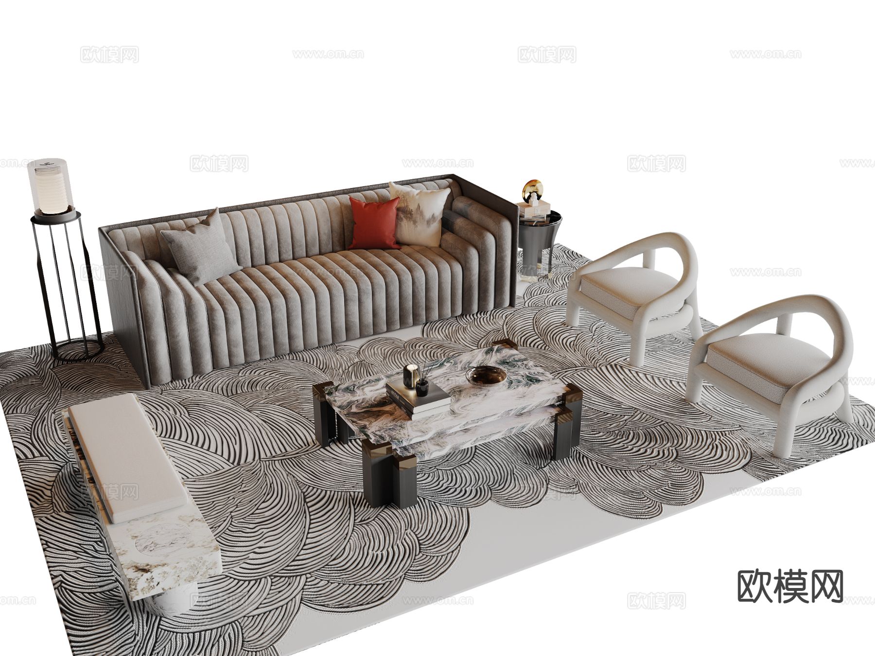 中古风组合沙发su模型下载（渲染图2）