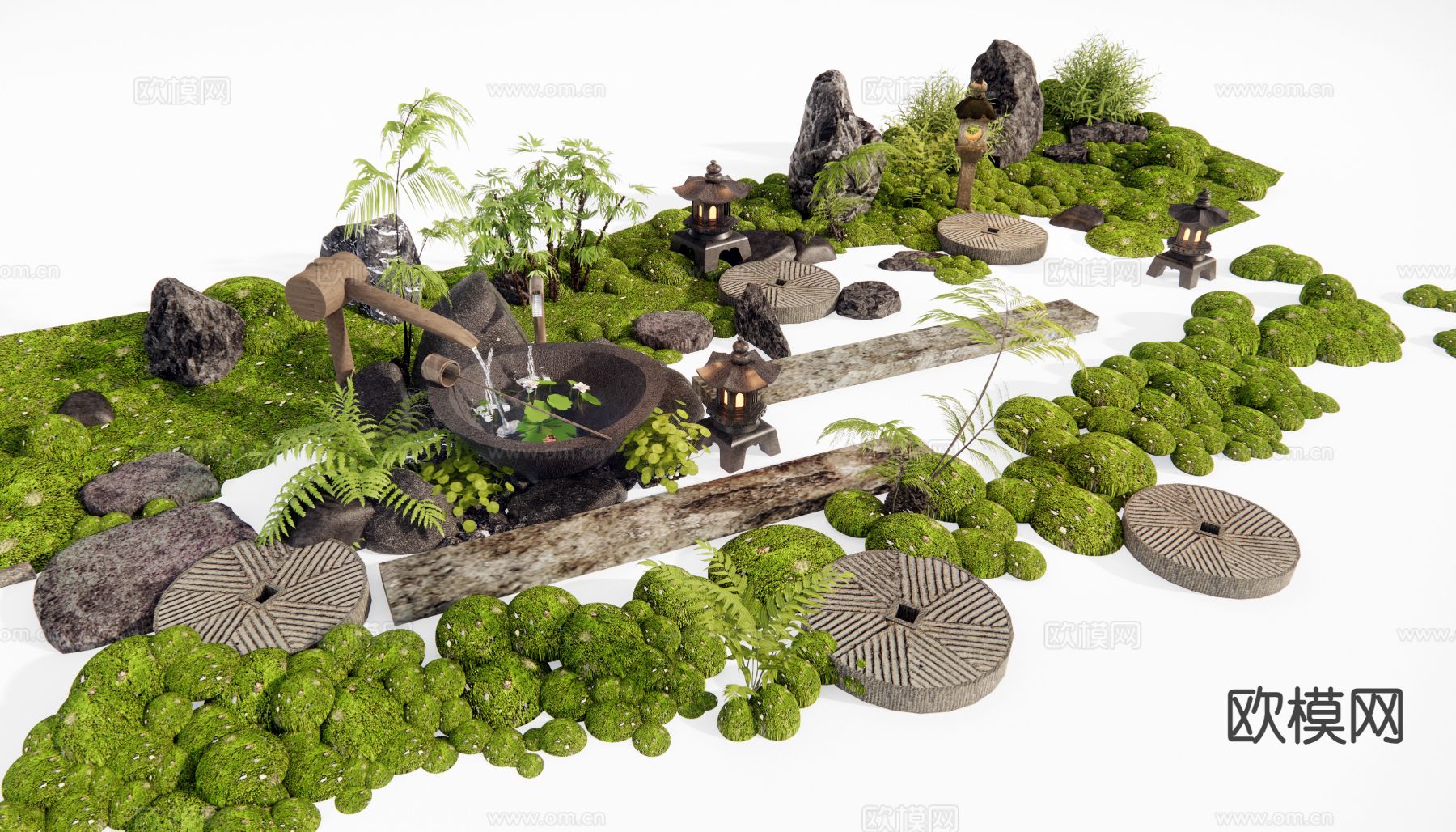 新中式庭院小品 微地形 汀步 苔藓植物3d模型