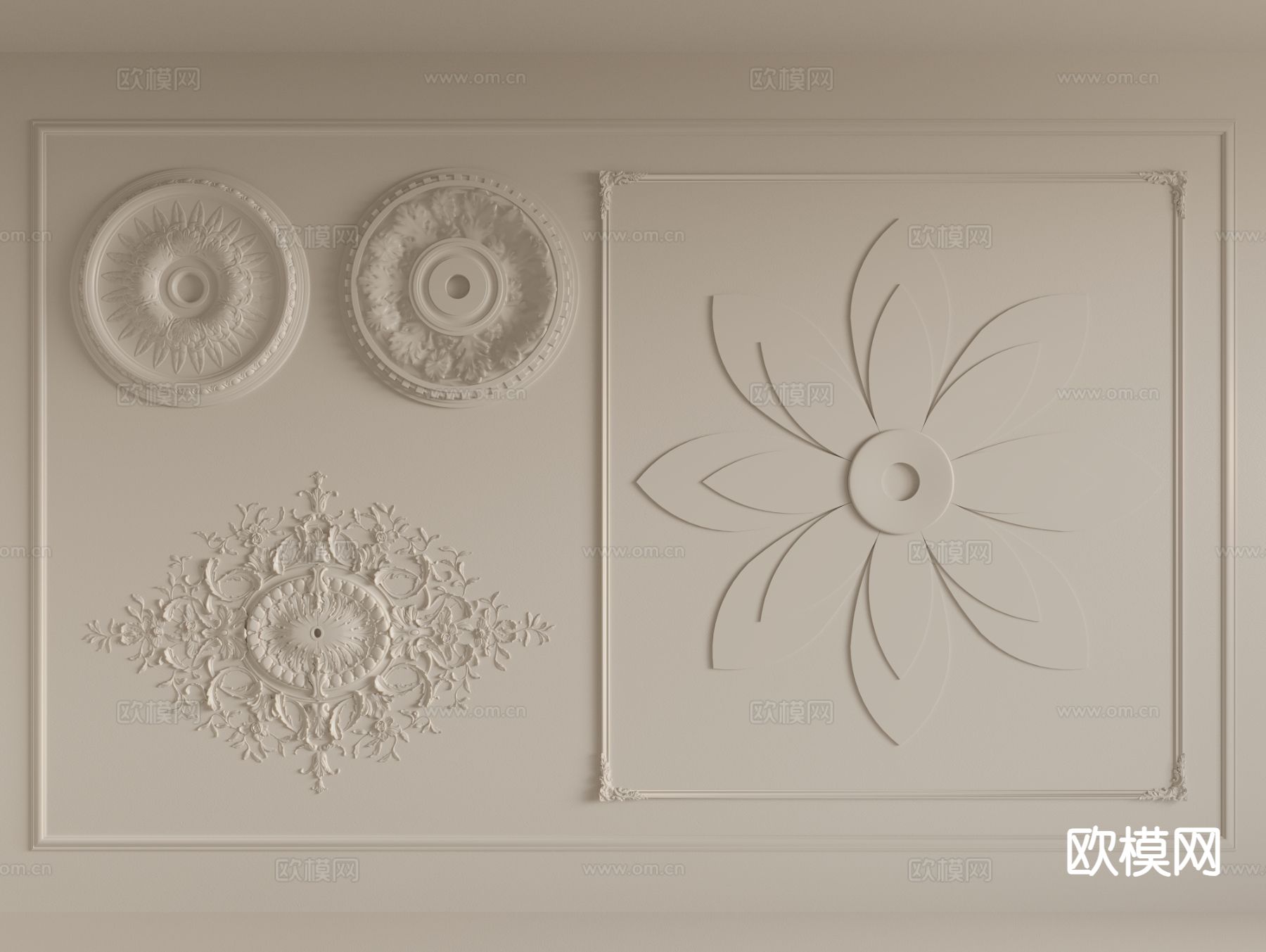 法式灯盘 雕花 石膏线条su模型下载（渲染图2）