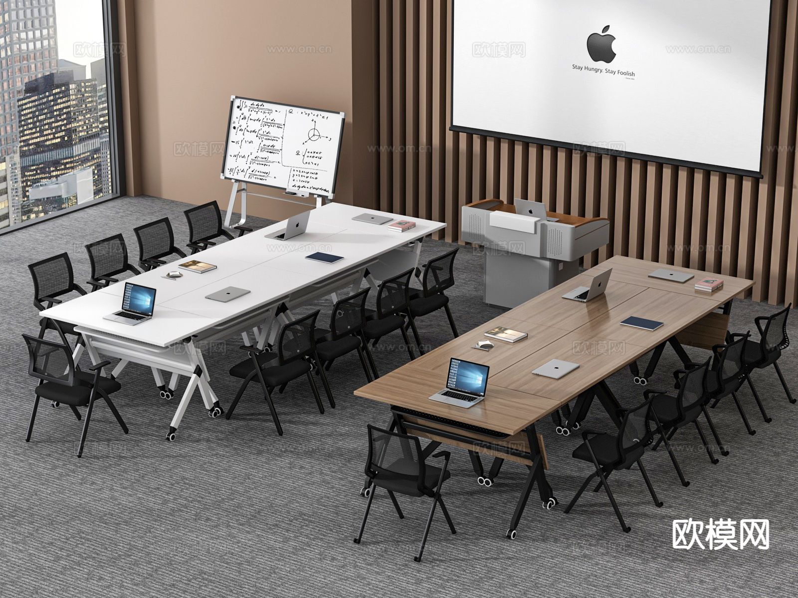 会议桌椅 培训桌椅 演讲台 投影幕3d模型下载