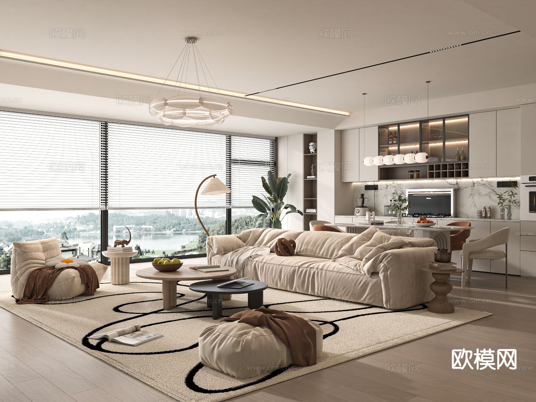 奶油风客餐厅3d模型下载