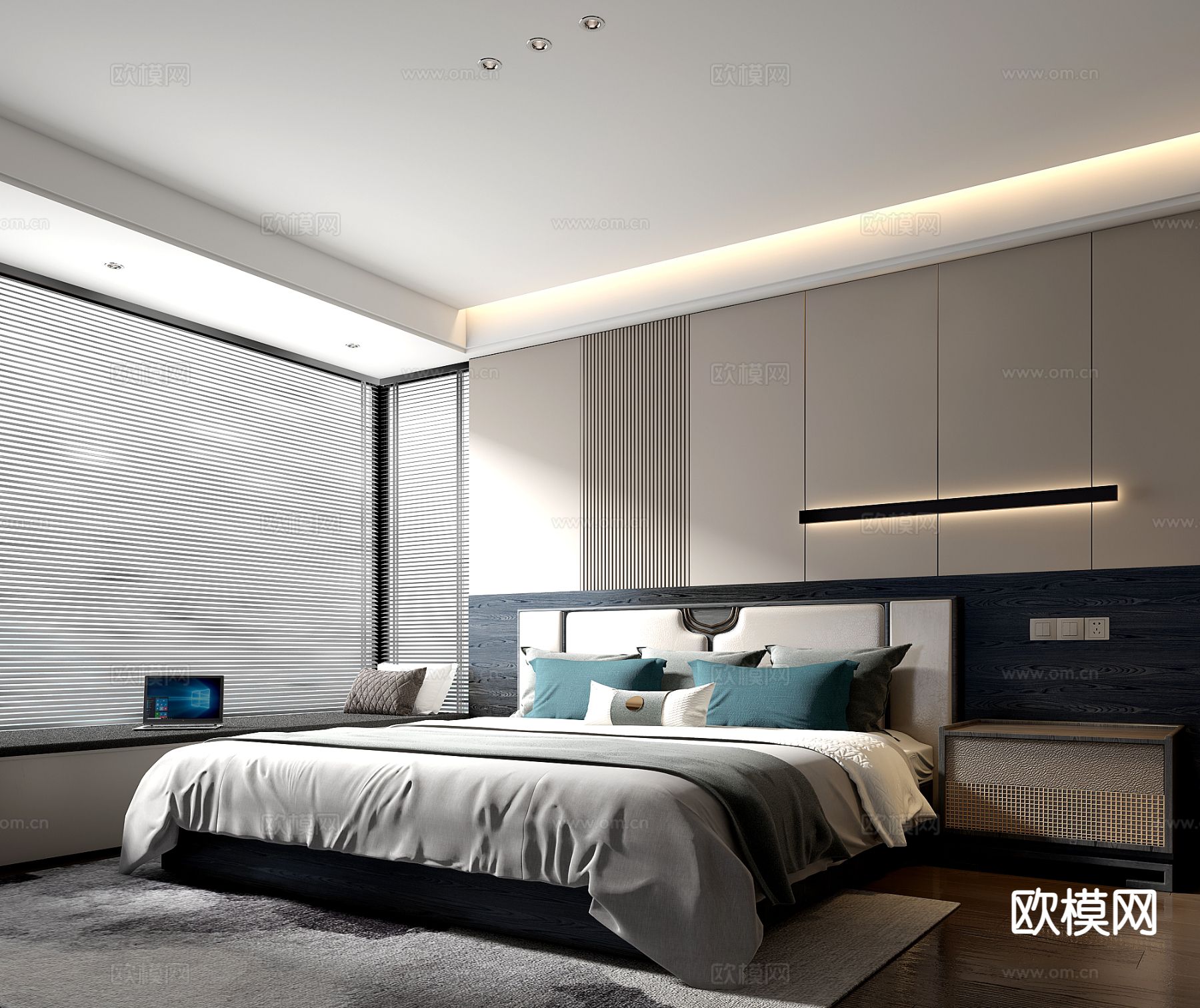 现代双人床su模型下载（渲染图2）