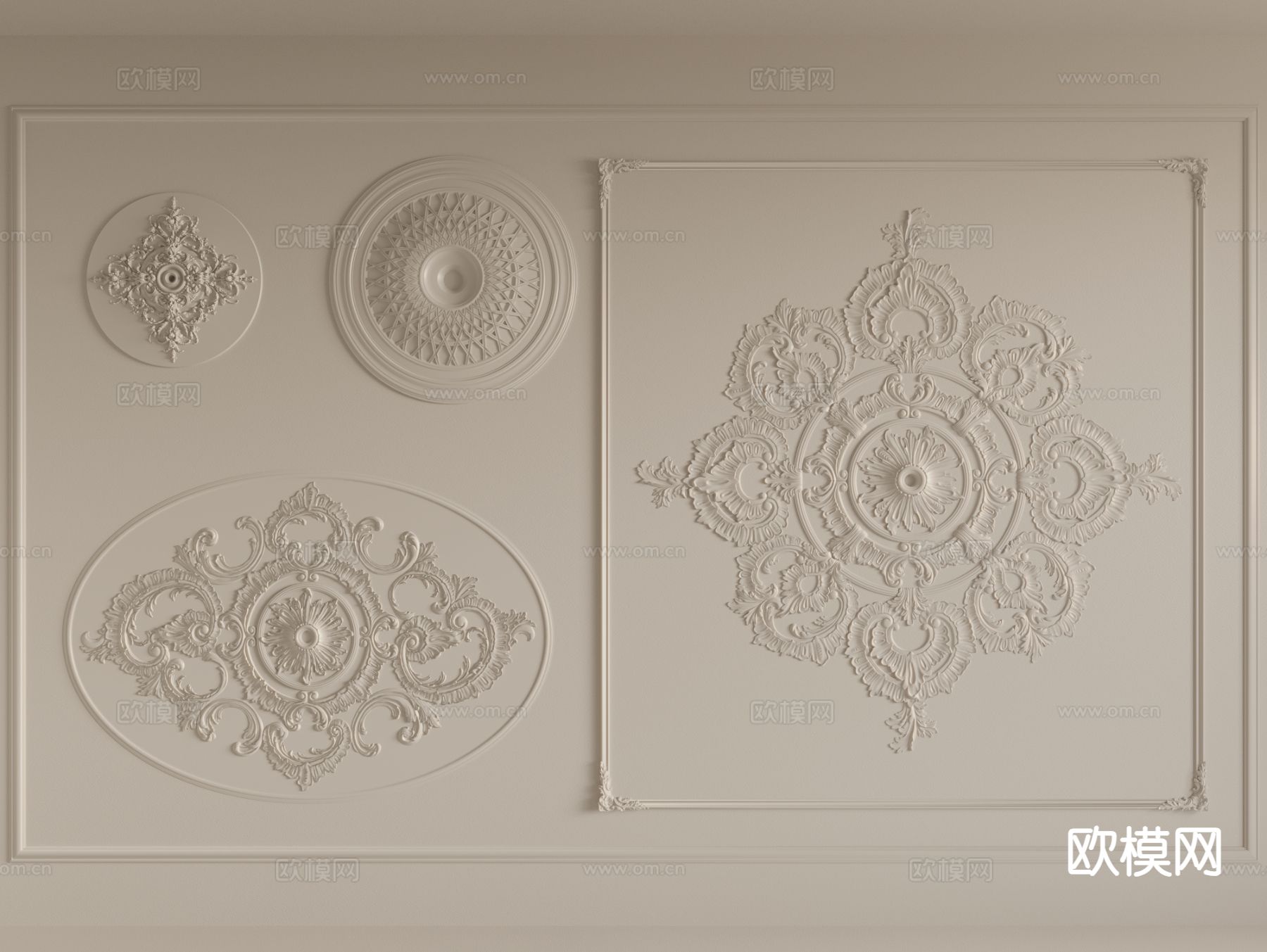 法式灯盘 雕花 石膏线条su模型下载（渲染图2）