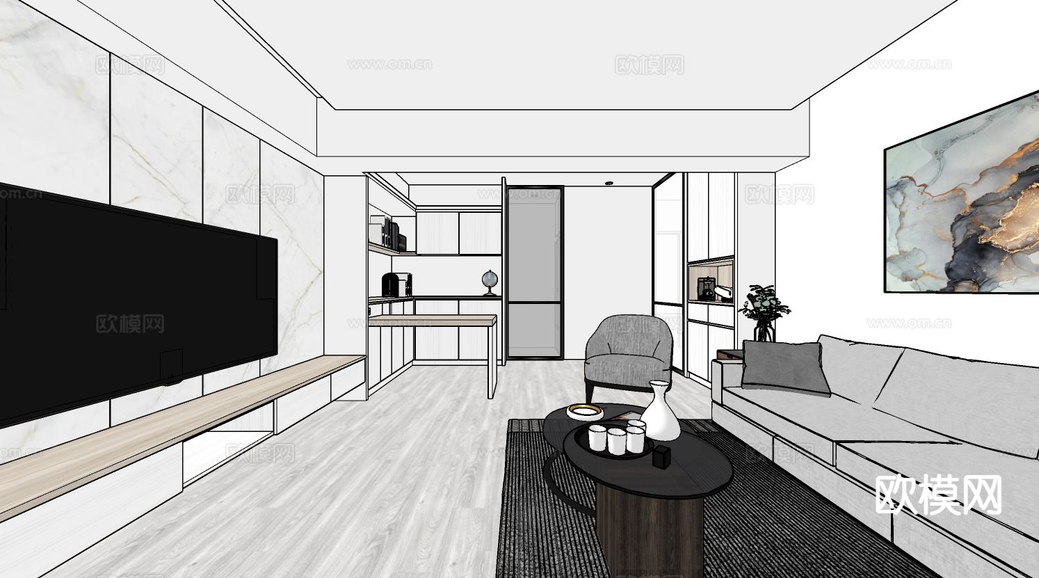 北欧客餐厅su模型下载（渲染图1）