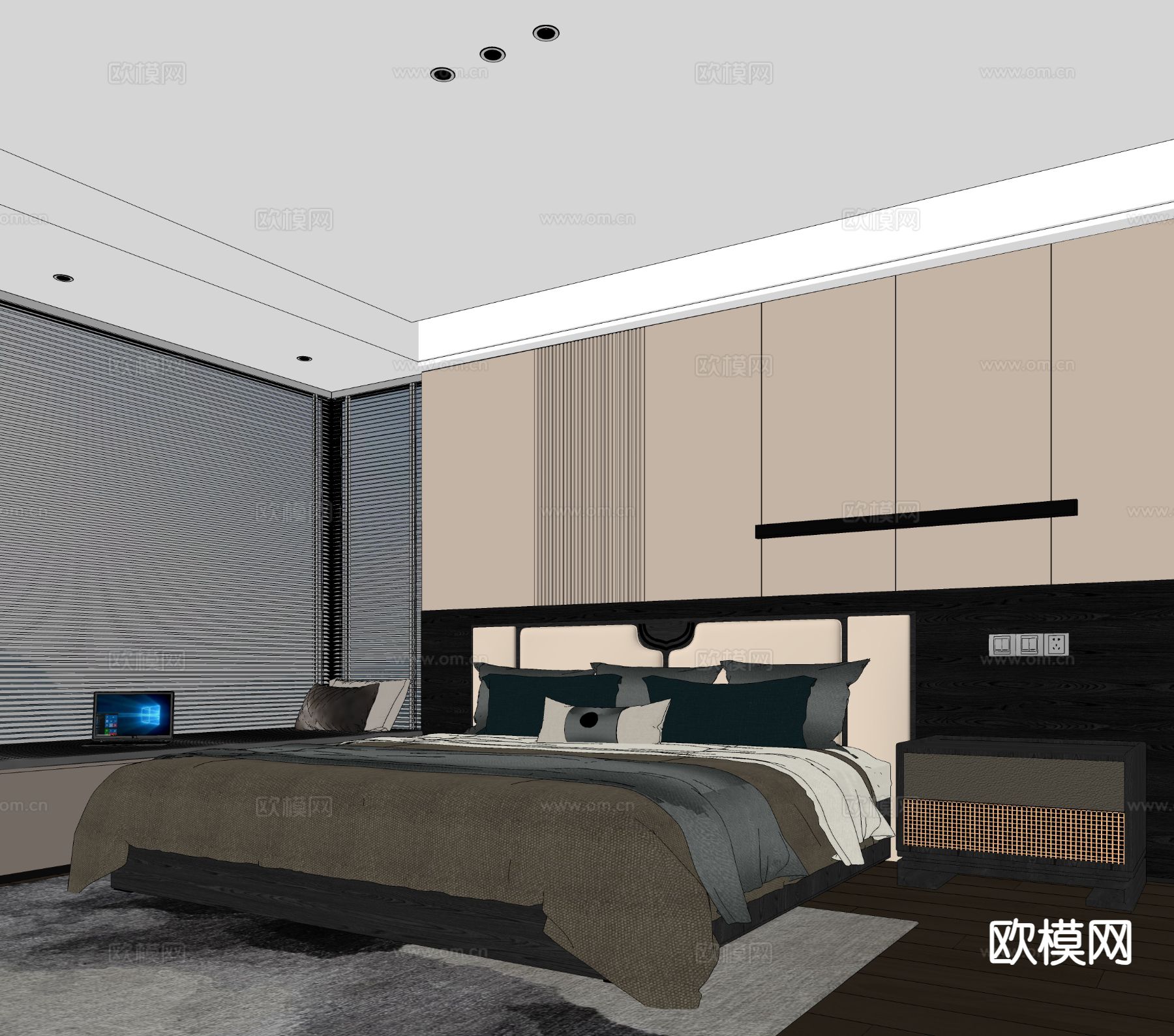 现代双人床su模型下载（渲染图1）