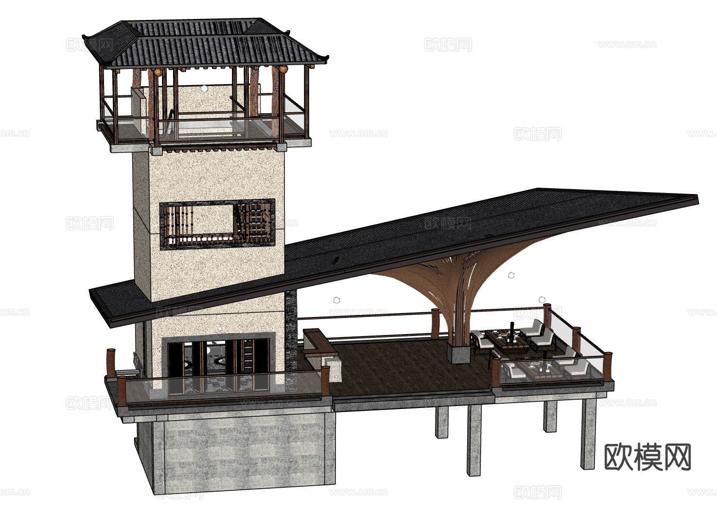 新中式眺望塔楼su模型
