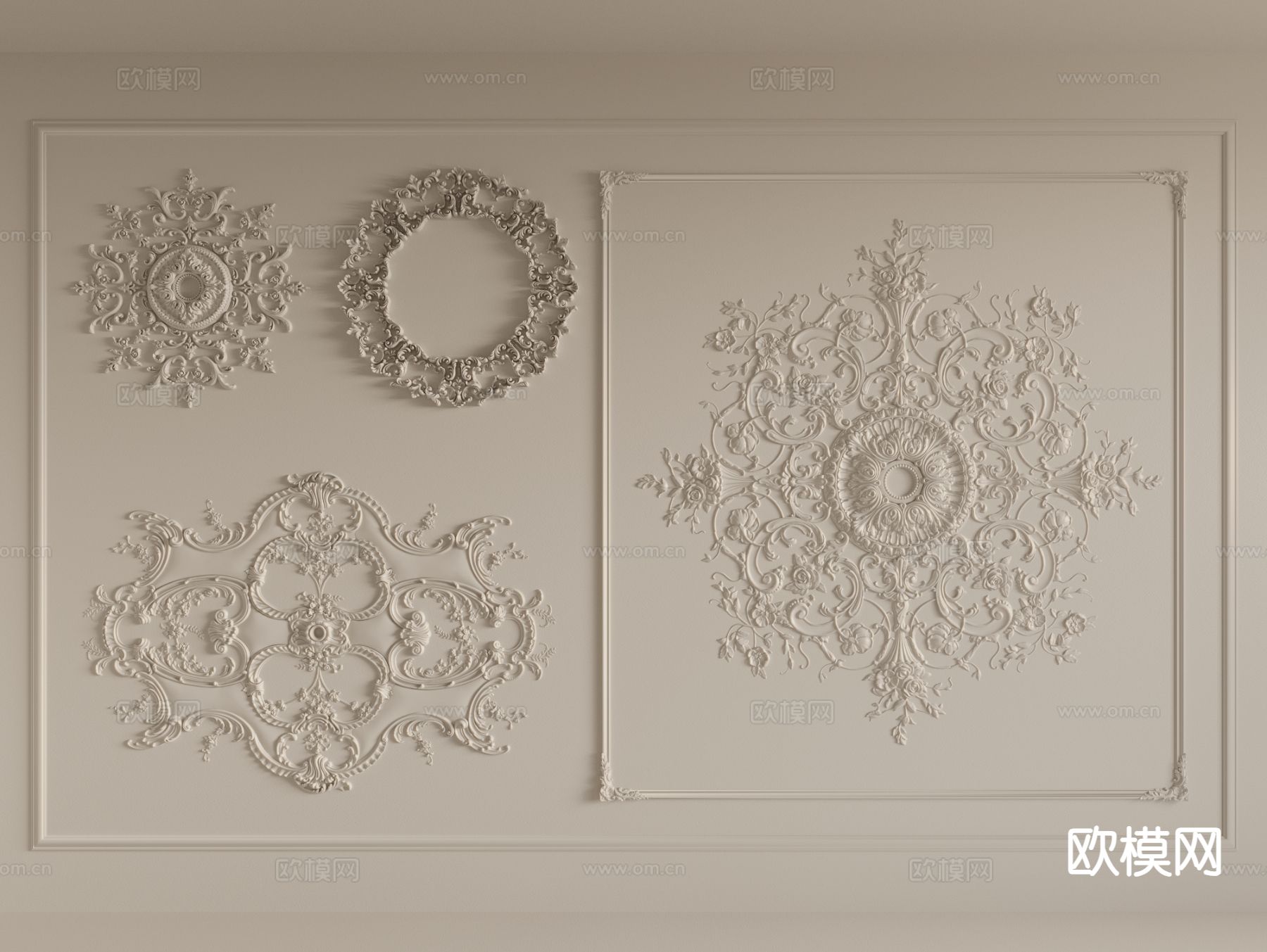 法式灯盘 雕花 石膏线条su模型下载（渲染图2）