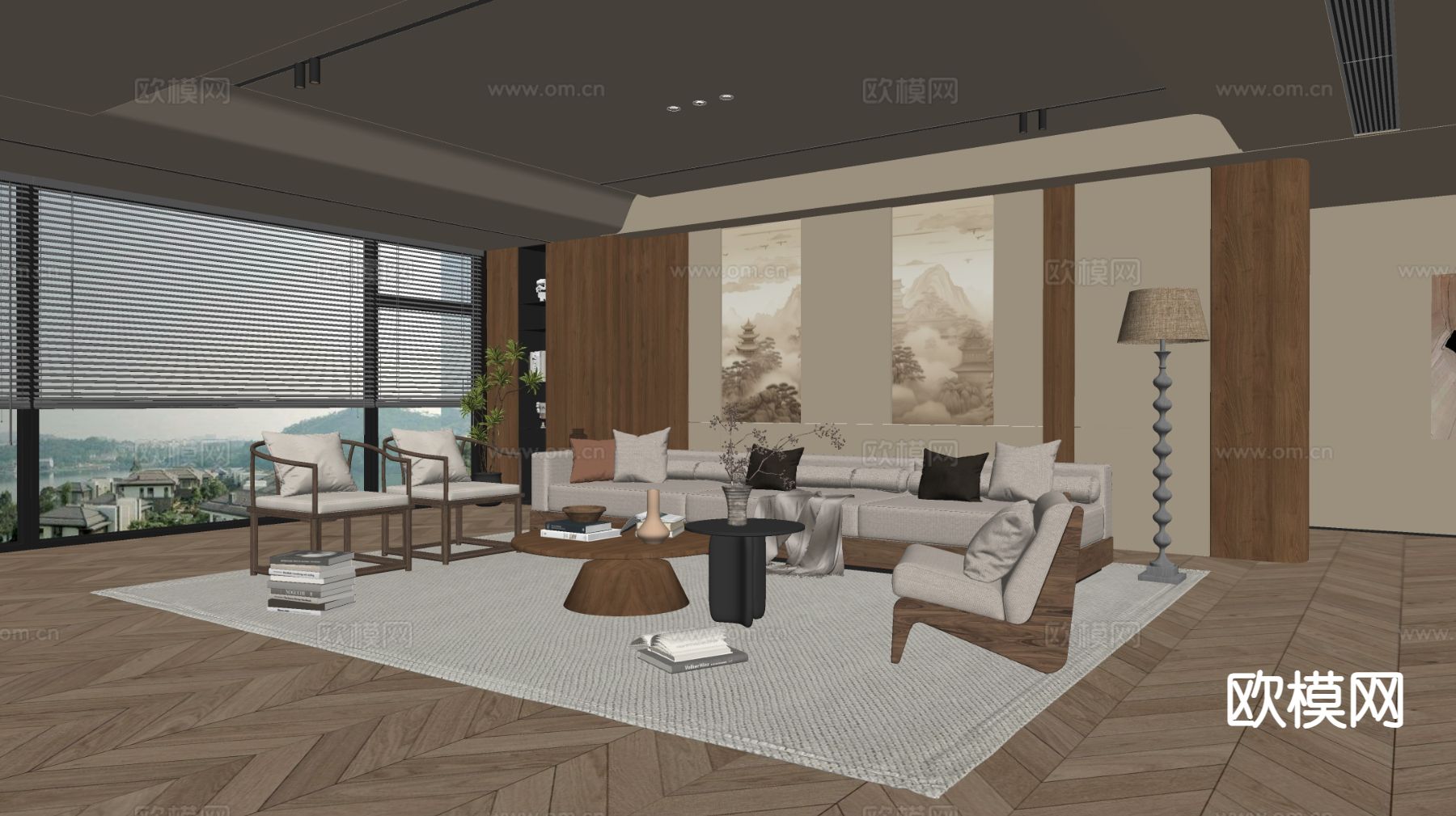 中古风客厅su模型下载（渲染图1）