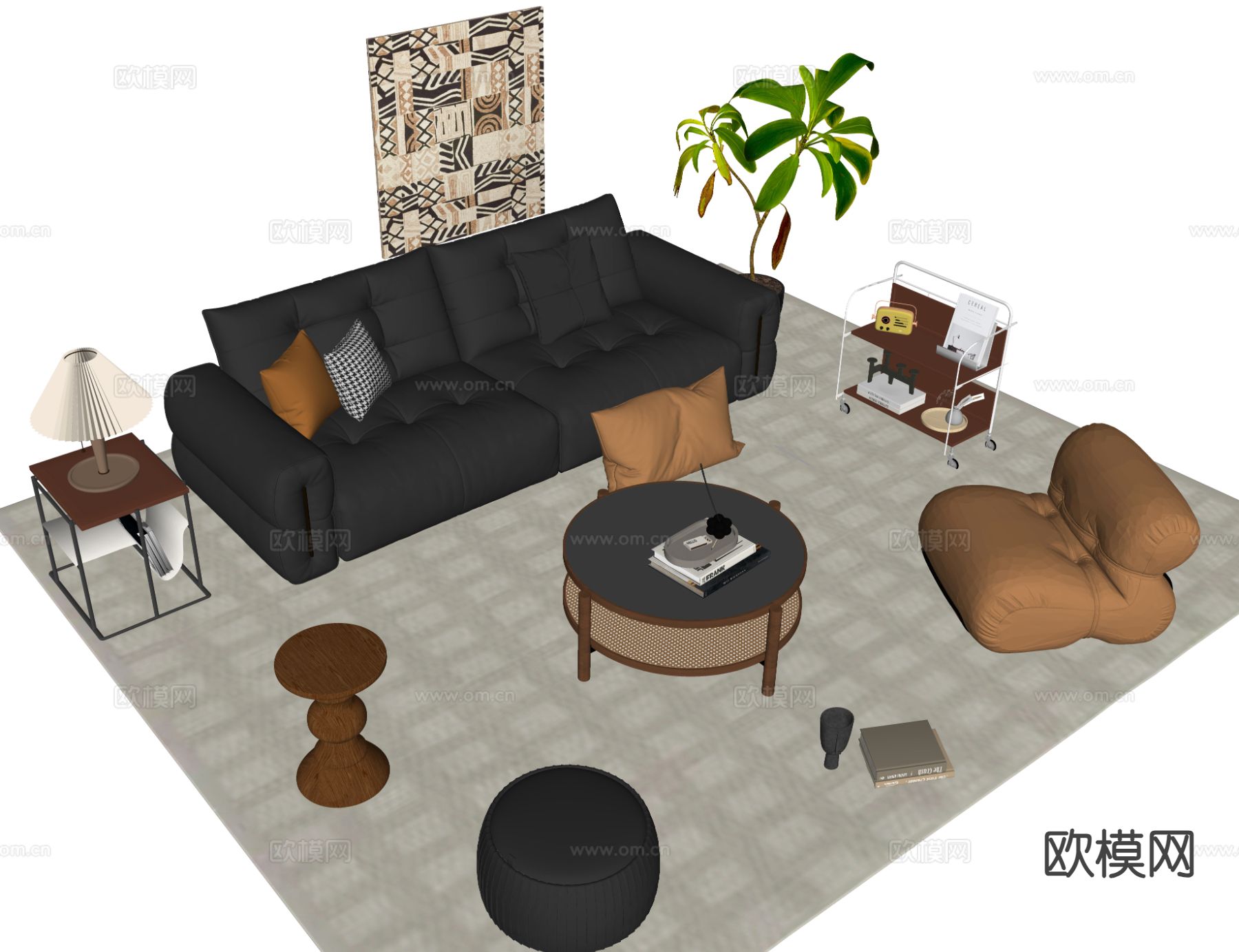 中古风组合沙发su模型下载（渲染图1）