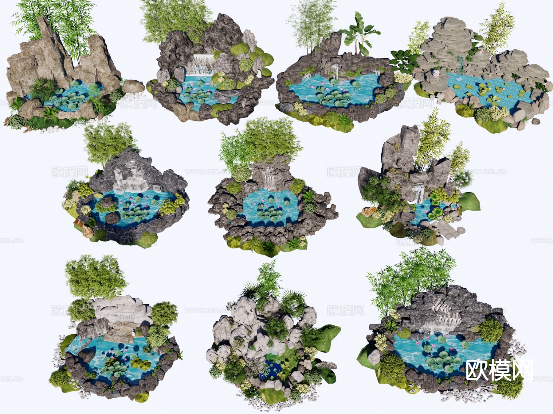 新中式假山叠水 跌水水景su模型