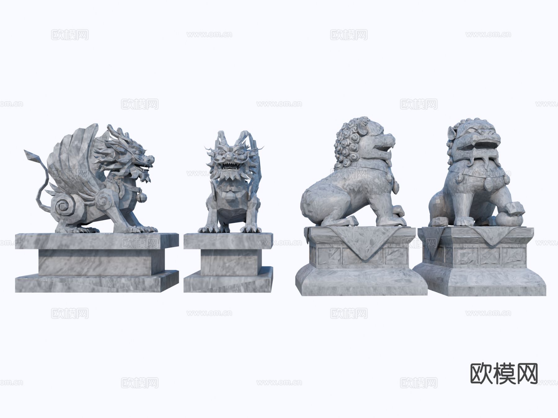 中式石狮子 麒麟雕塑3d模型下载