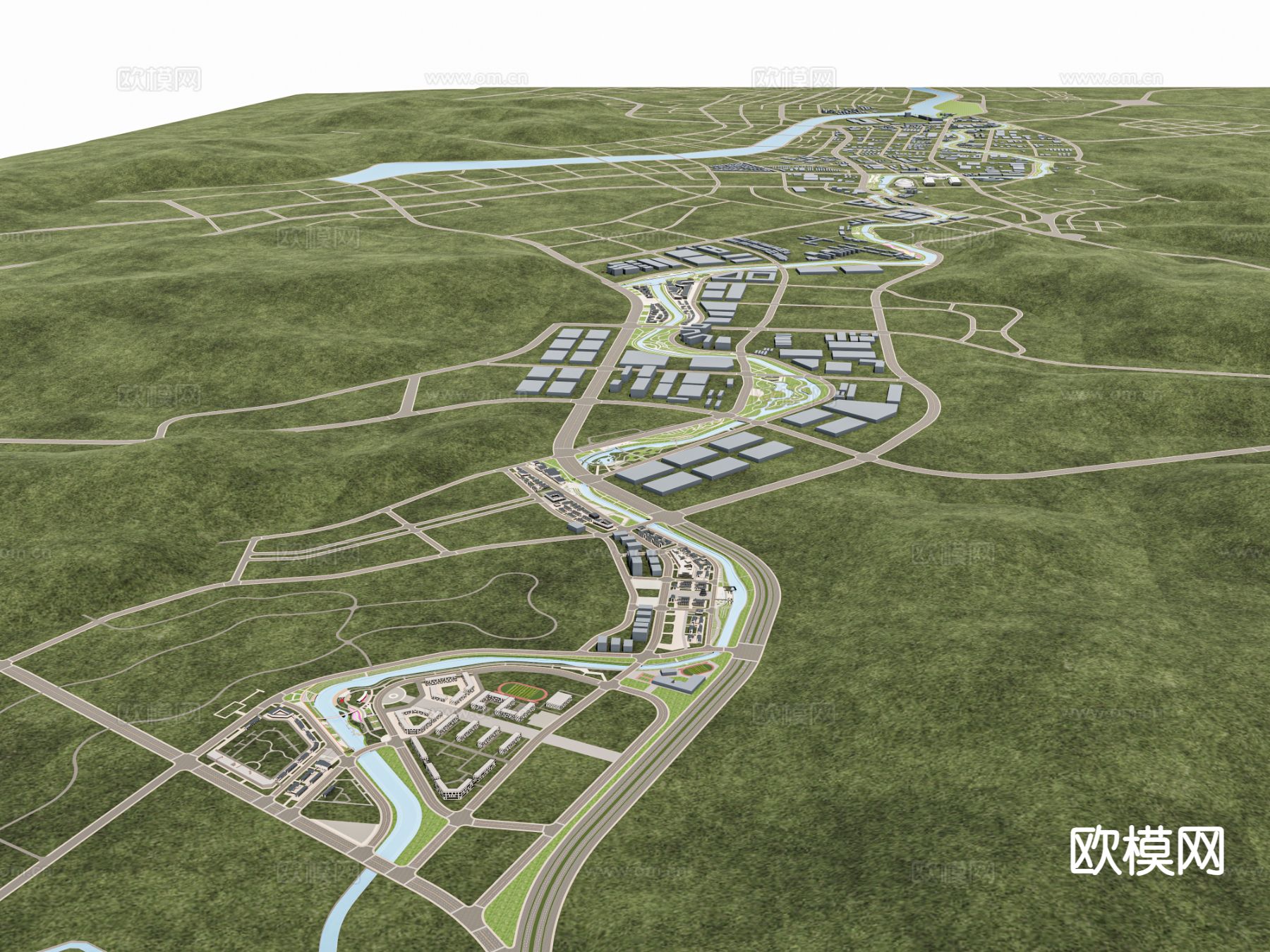 现代鸟瞰规划 城市绿地景su模型