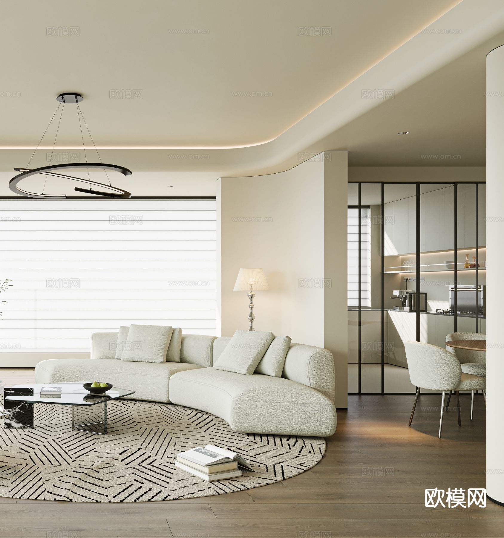 奶油风客餐厅3d模型下载（渲染图3）