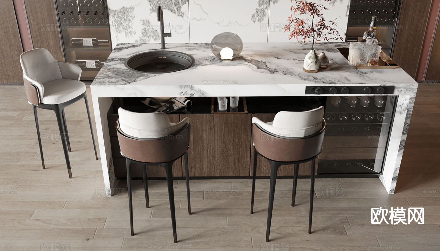 新中式吧台吧椅su模型下载（渲染图2）