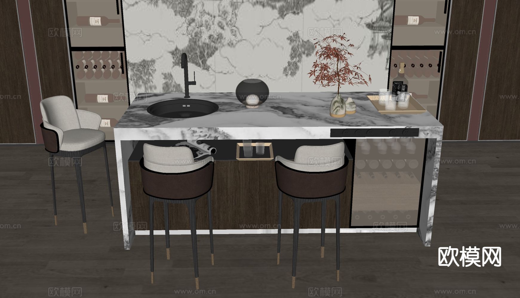 新中式吧台吧椅su模型下载（渲染图1）