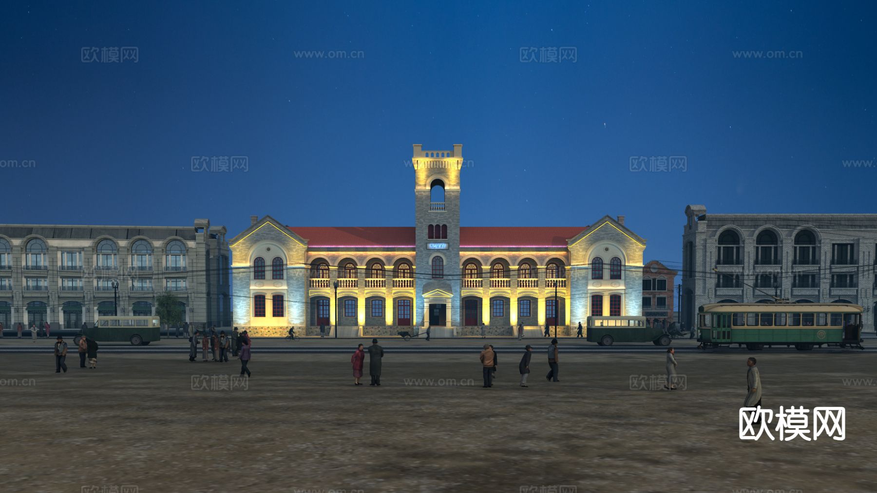 民国风夜景钟楼3d模型下载