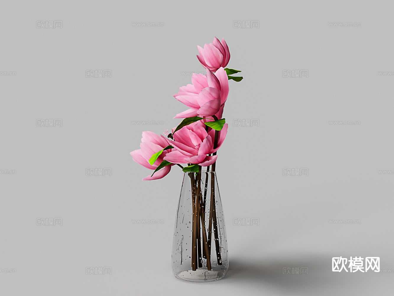 玻璃花瓶 粉红玫瑰 插花3d模型