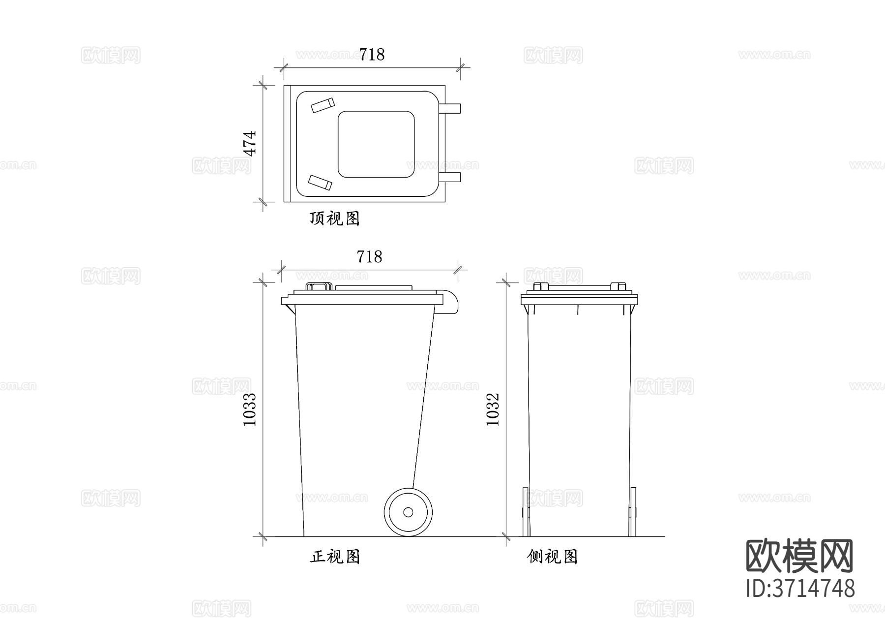 小区垃圾桶CAD三视图