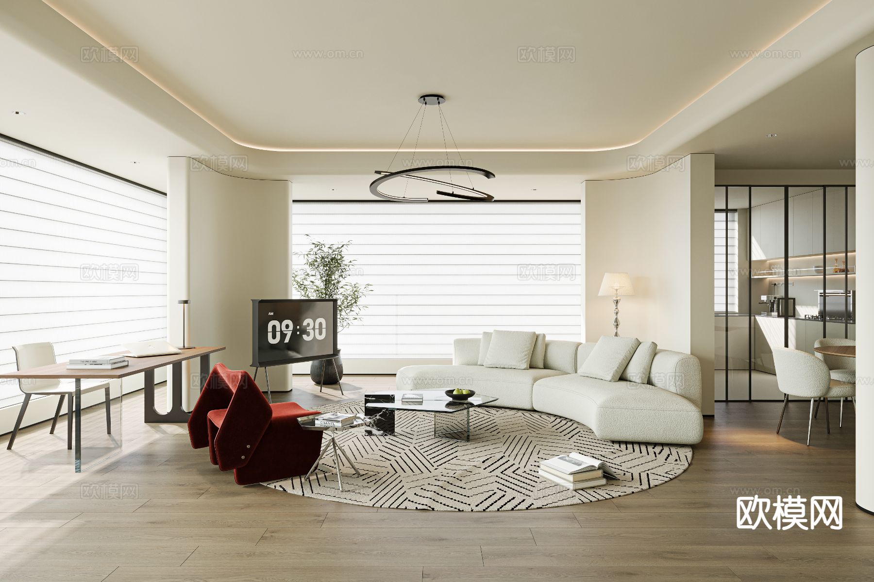 奶油风客餐厅3d模型下载（渲染图1）