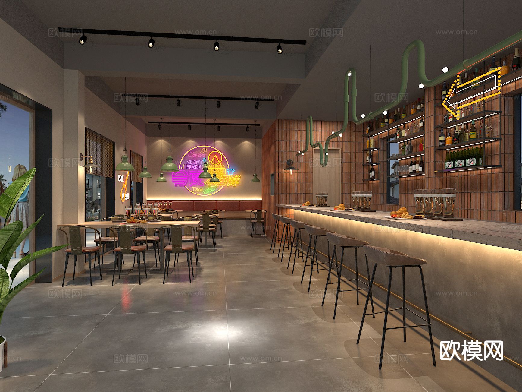 工业风loft烧烤店 就餐区3d模型下载