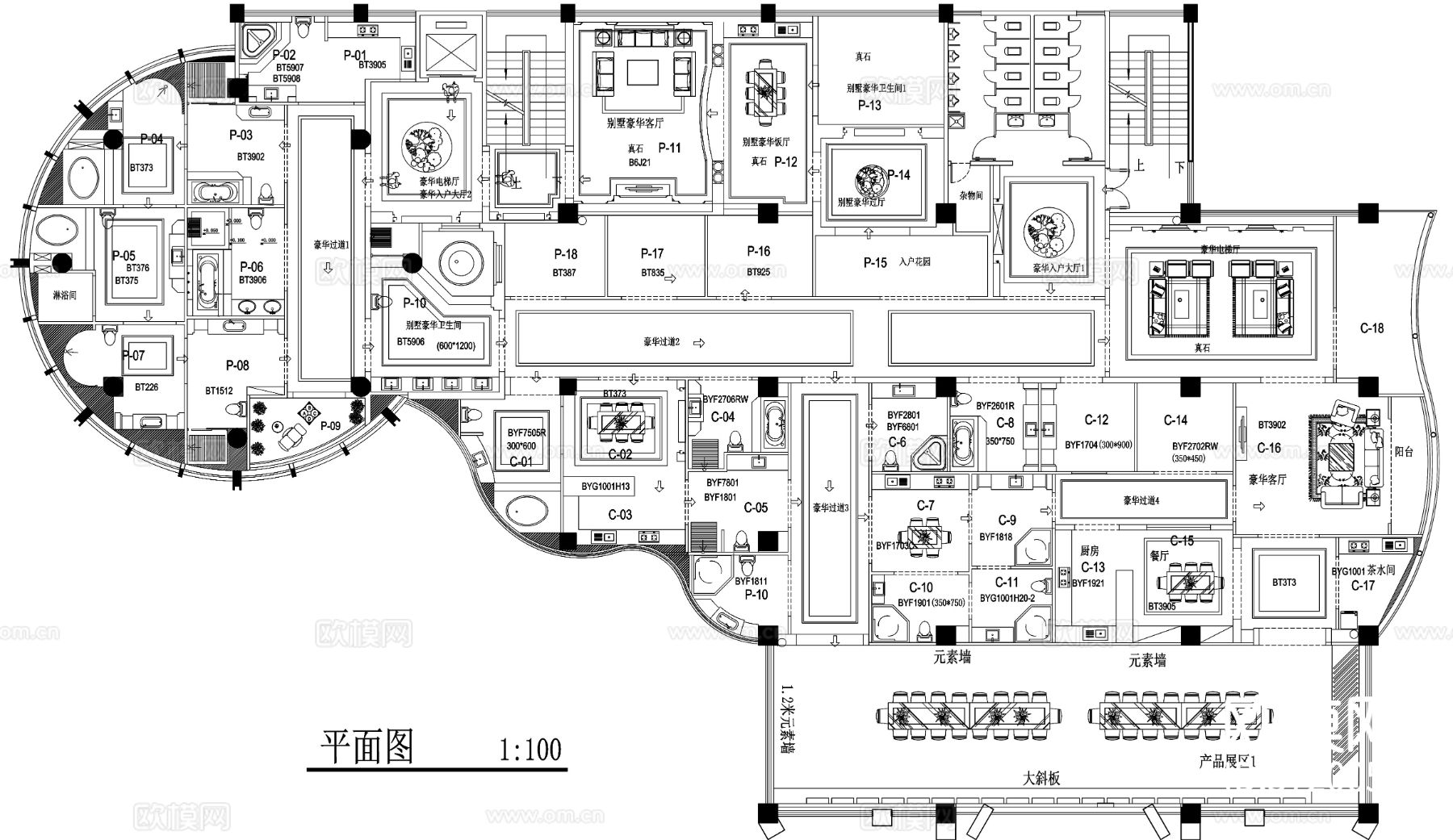 1000平瓷砖卫浴专卖店展厅cad施工图