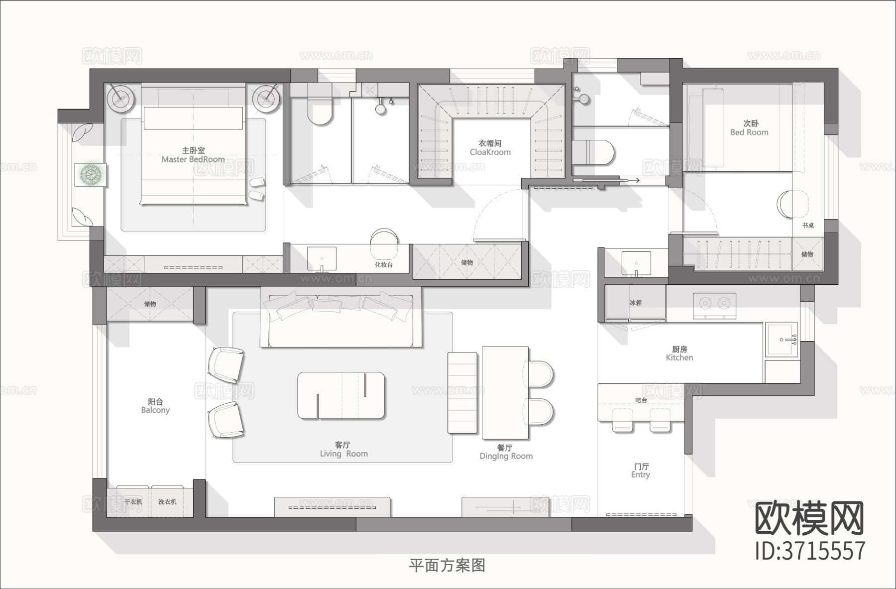 98㎡改2居室cad平面图下载（渲染图1）