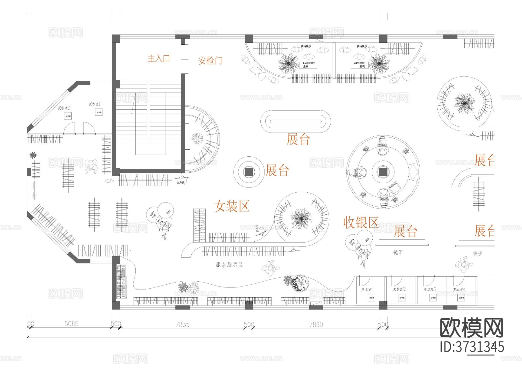 现代服装店cad平面图