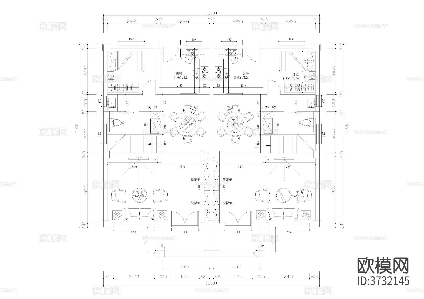 11X13开间双拼自建房cad平面图