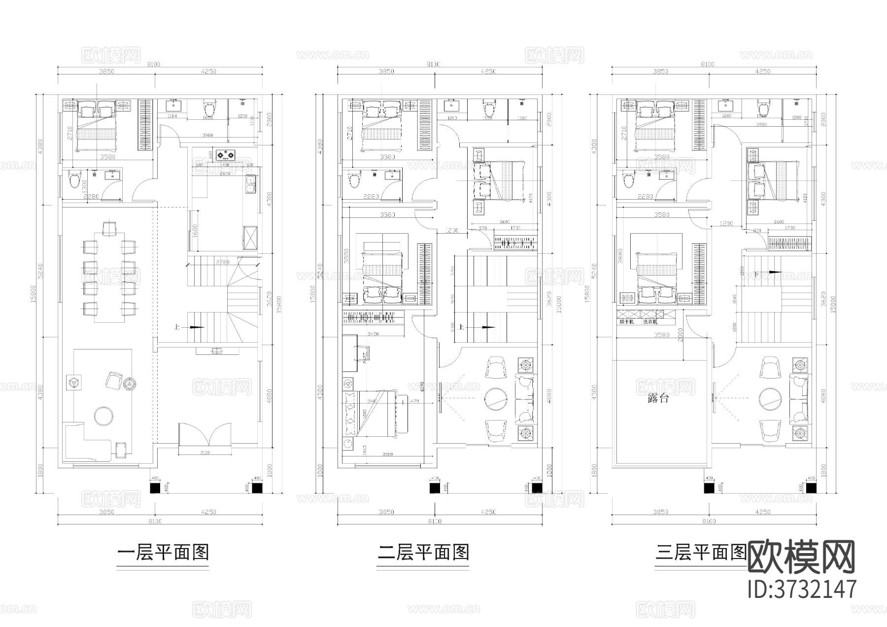 15x8开间自建房别墅cad户型图