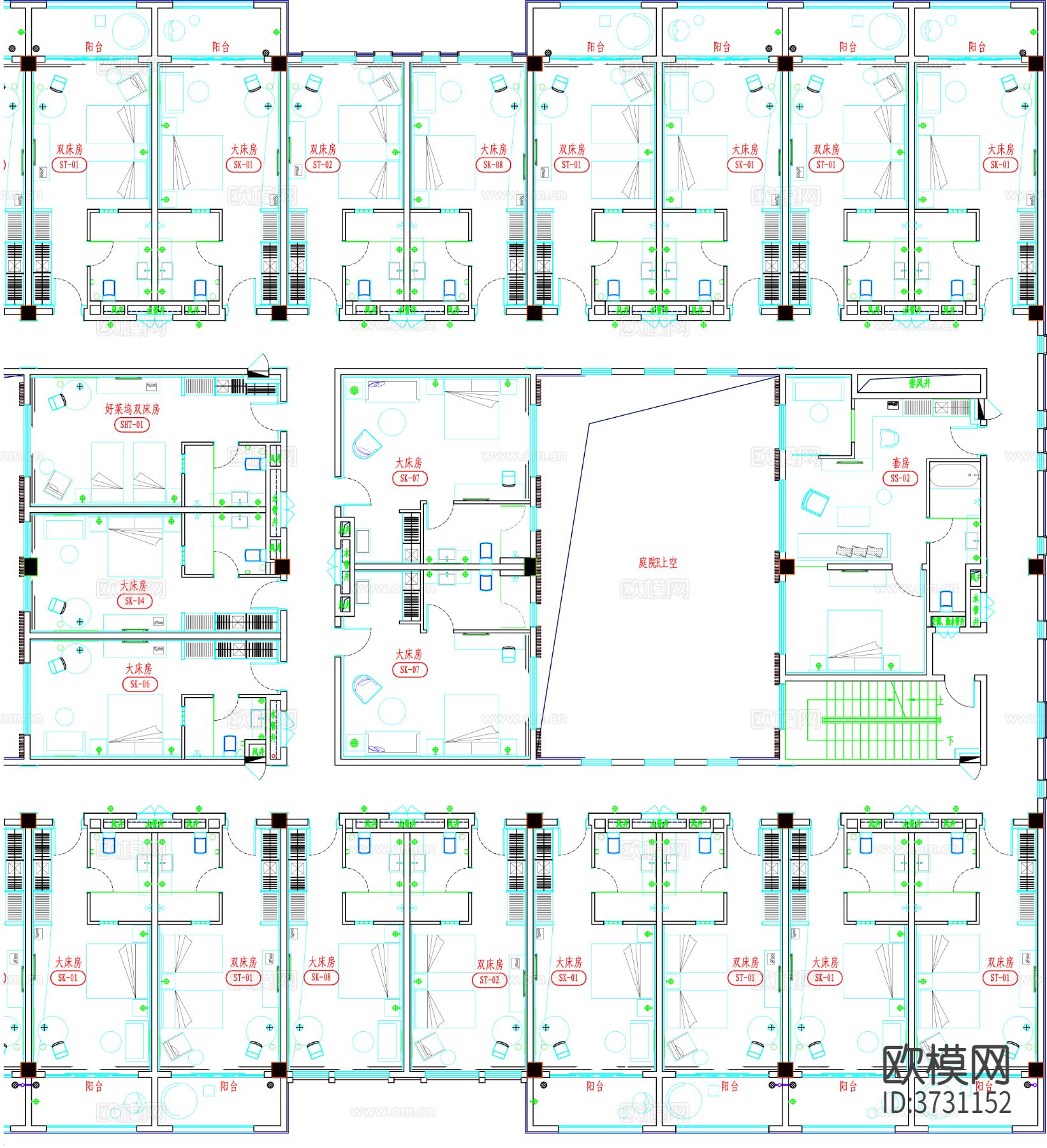 酒店客房cad平面图