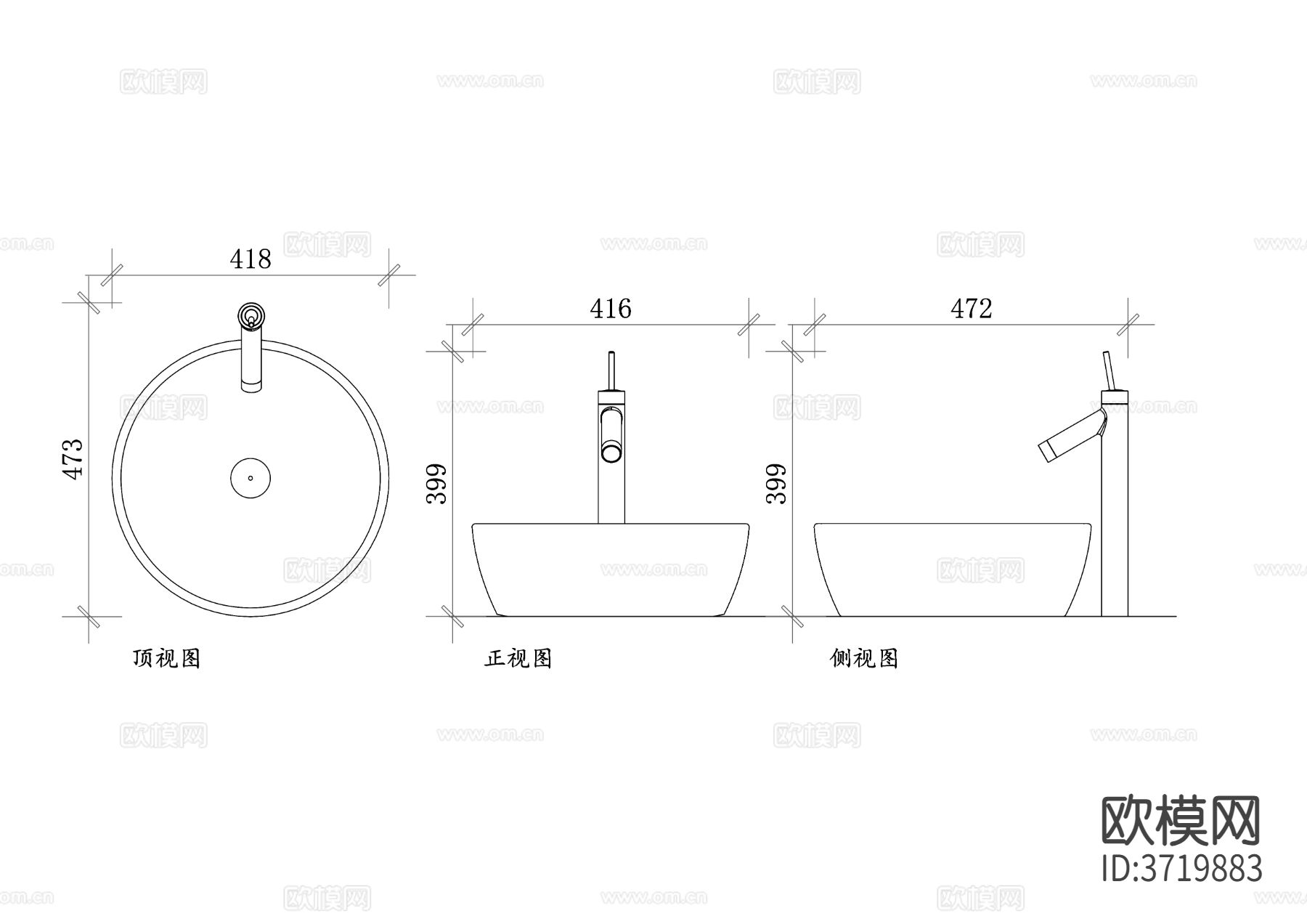圆形洗脸盆设计三视图