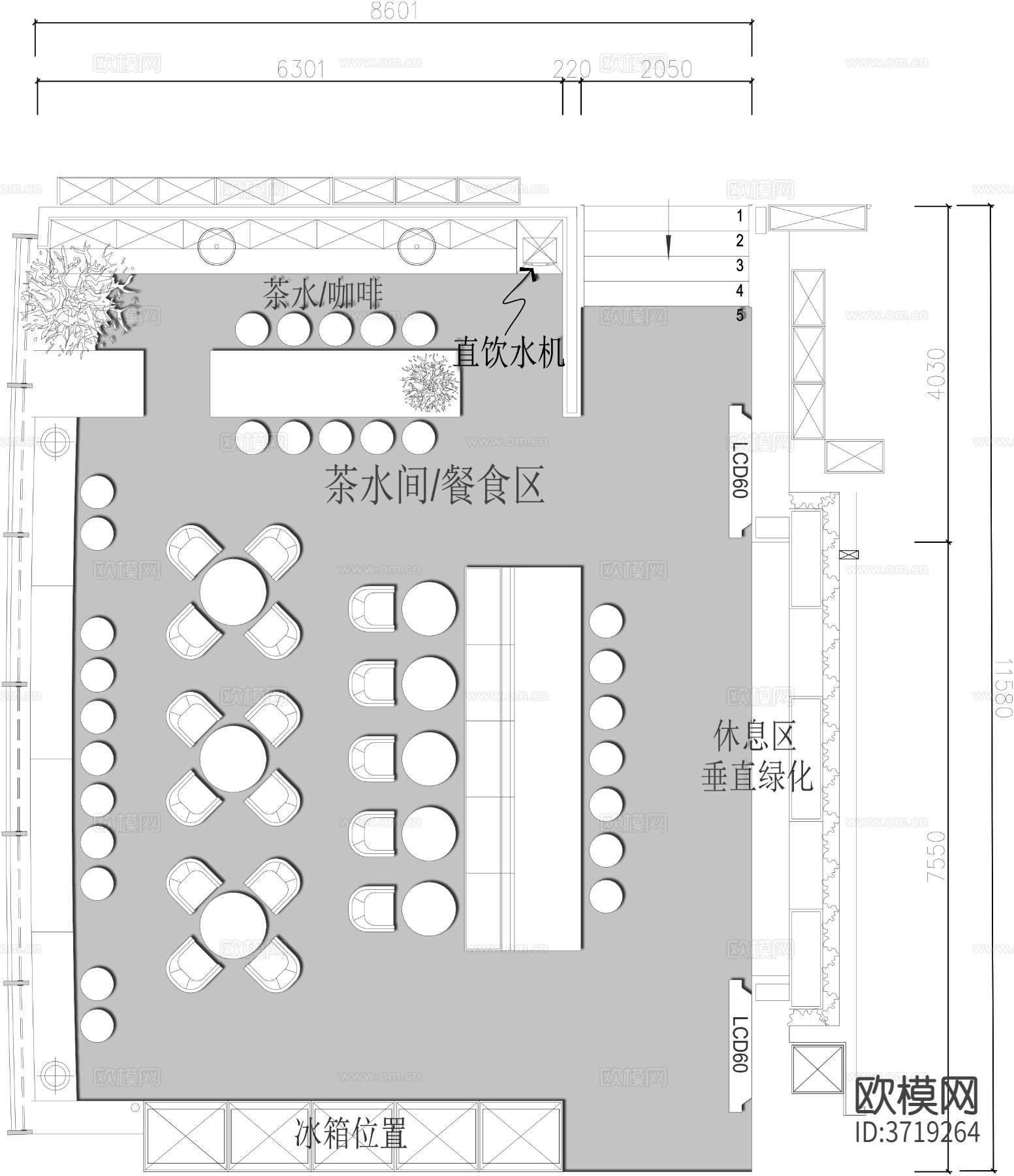 茶水间餐食区CAD平面图