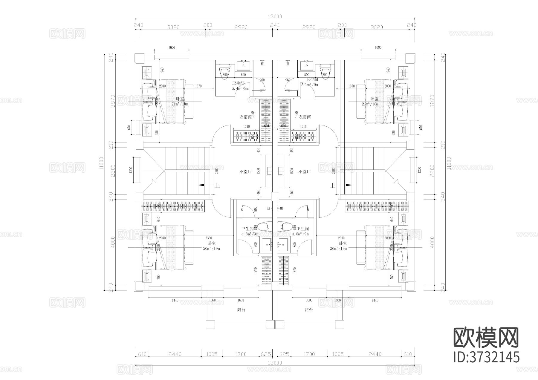 11X13开间双拼自建房cad平面图