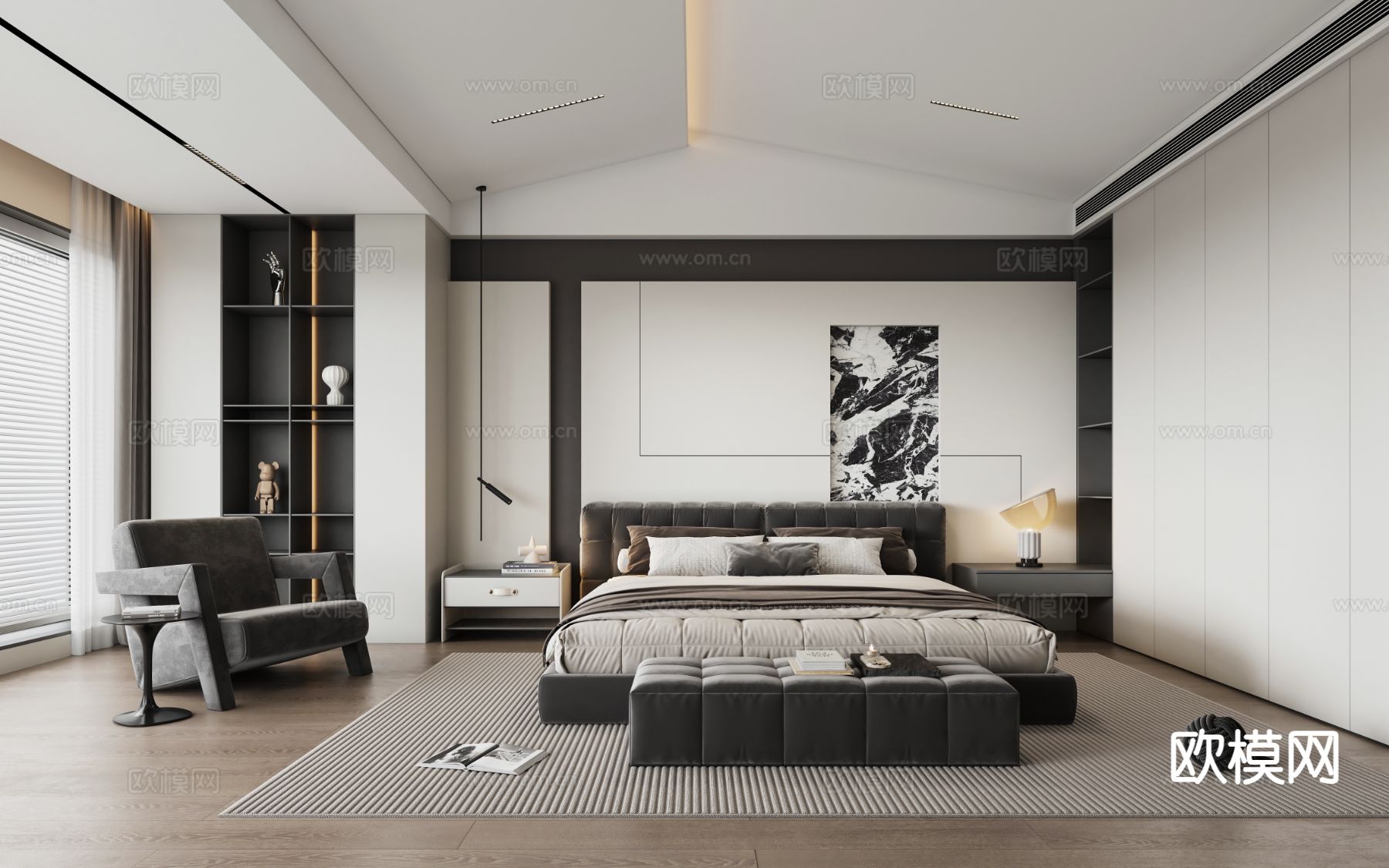 黑白灰卧室 主卧3d模型下载（渲染图1）