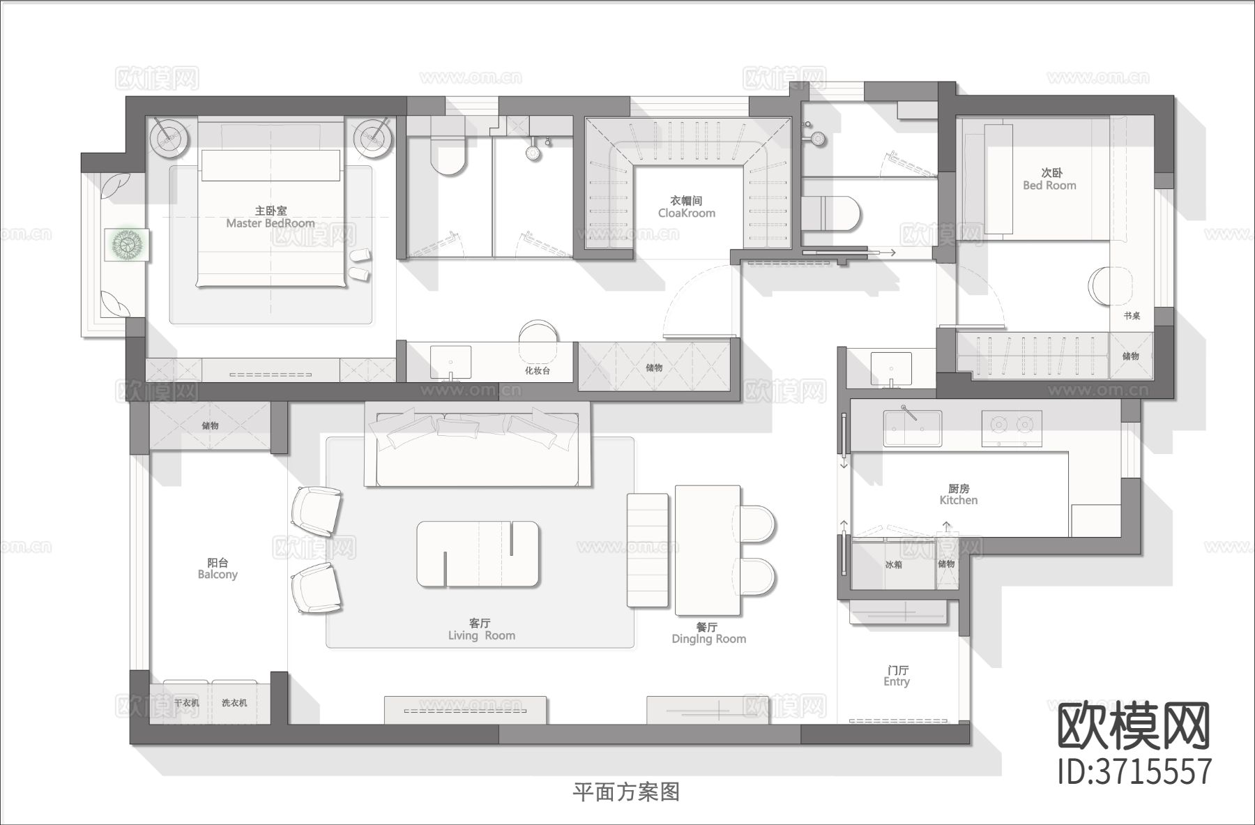 98㎡改2居室cad平面图下载（渲染图2）