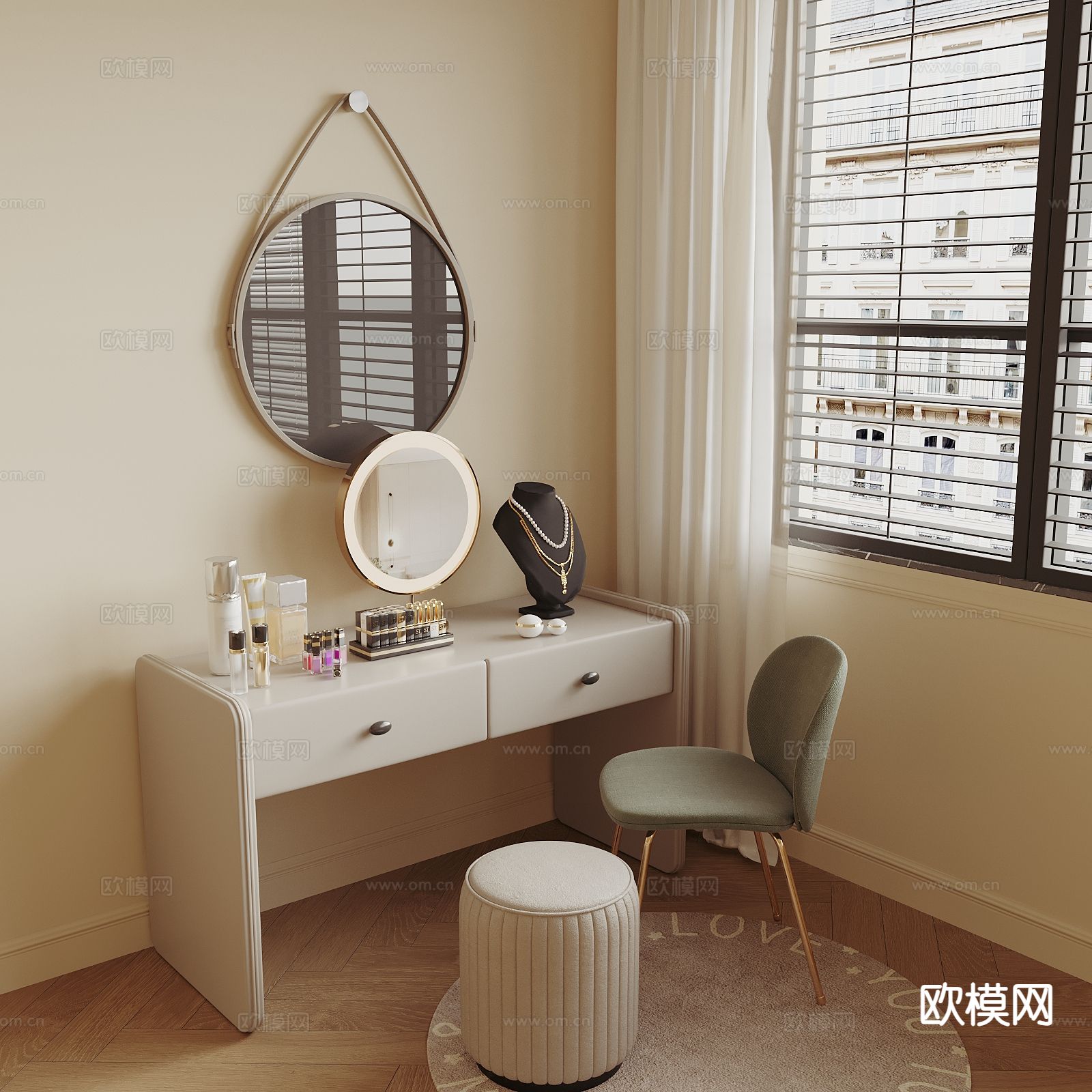 奶油风梳妆台3d模型下载