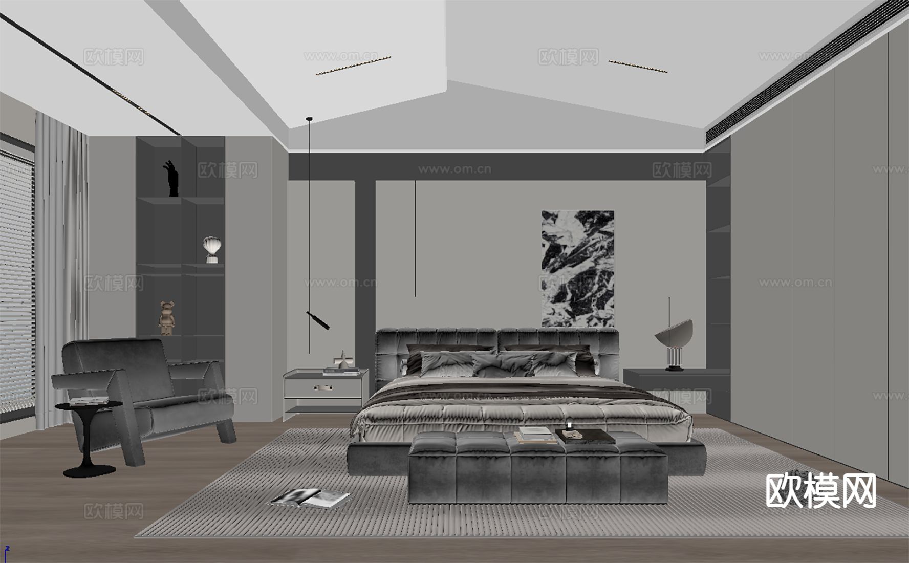黑白灰卧室 主卧3d模型下载（渲染图2）