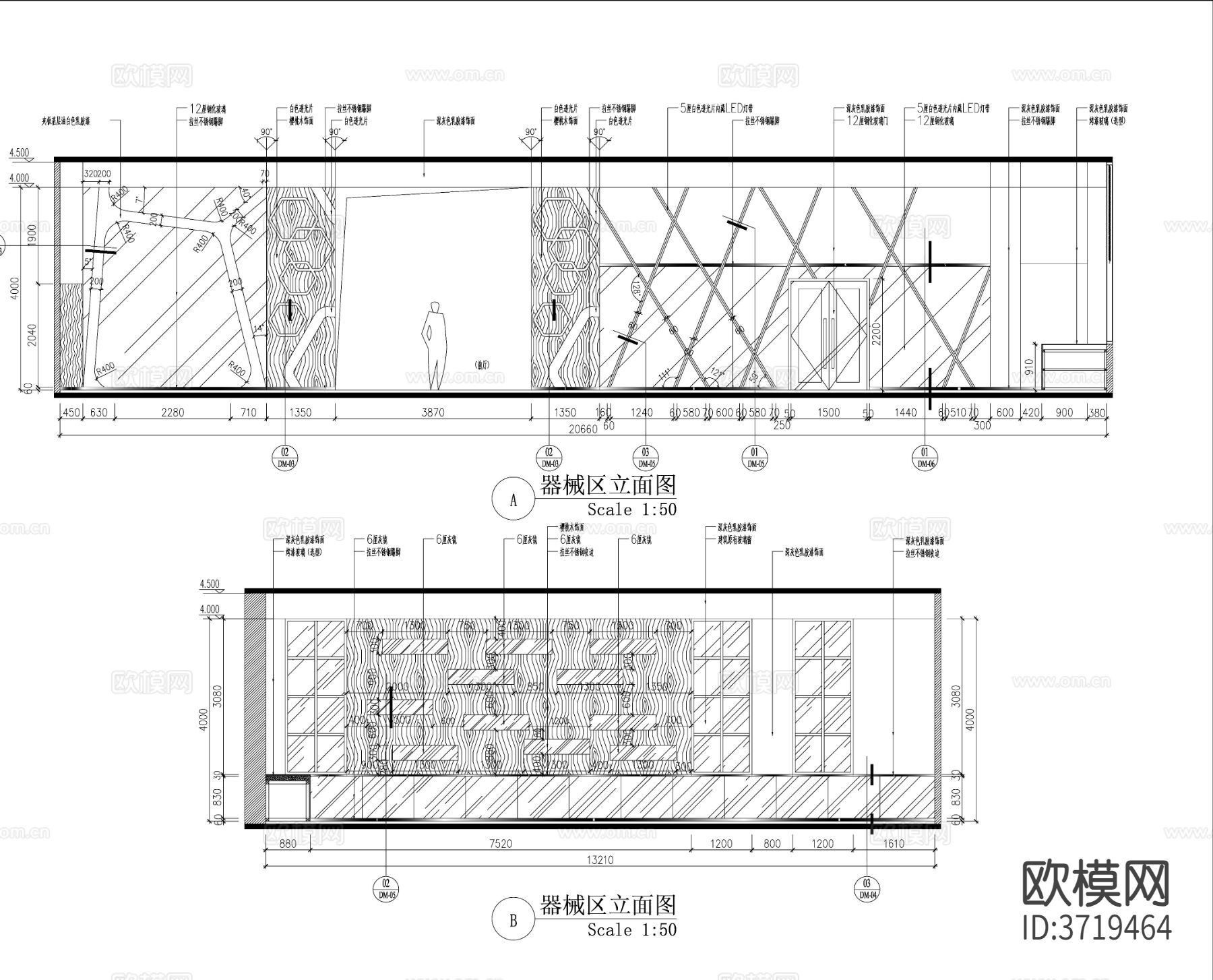 1500平健身房瑜伽会所中心动感单车cad施工图