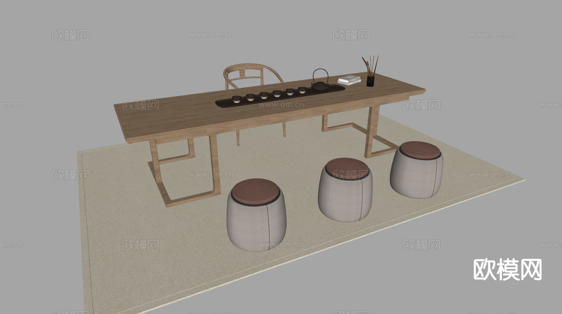 新中式茶桌椅 茶桌 茶台su模型