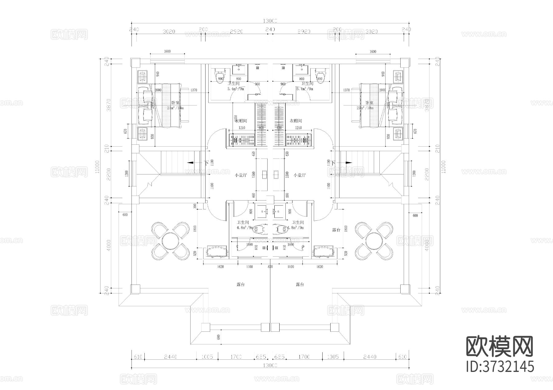 11X13开间双拼自建房cad平面图